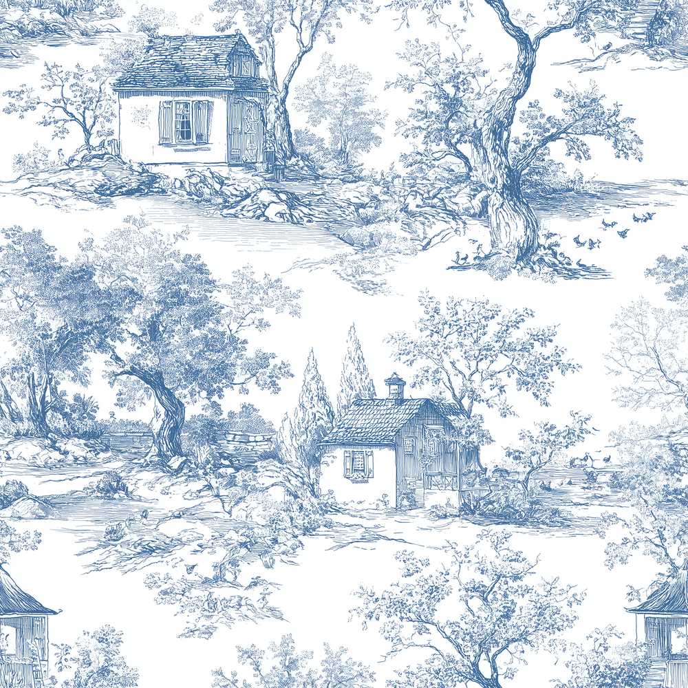 Vintage Toile Cottage Garden Landscape Blue White Decorative