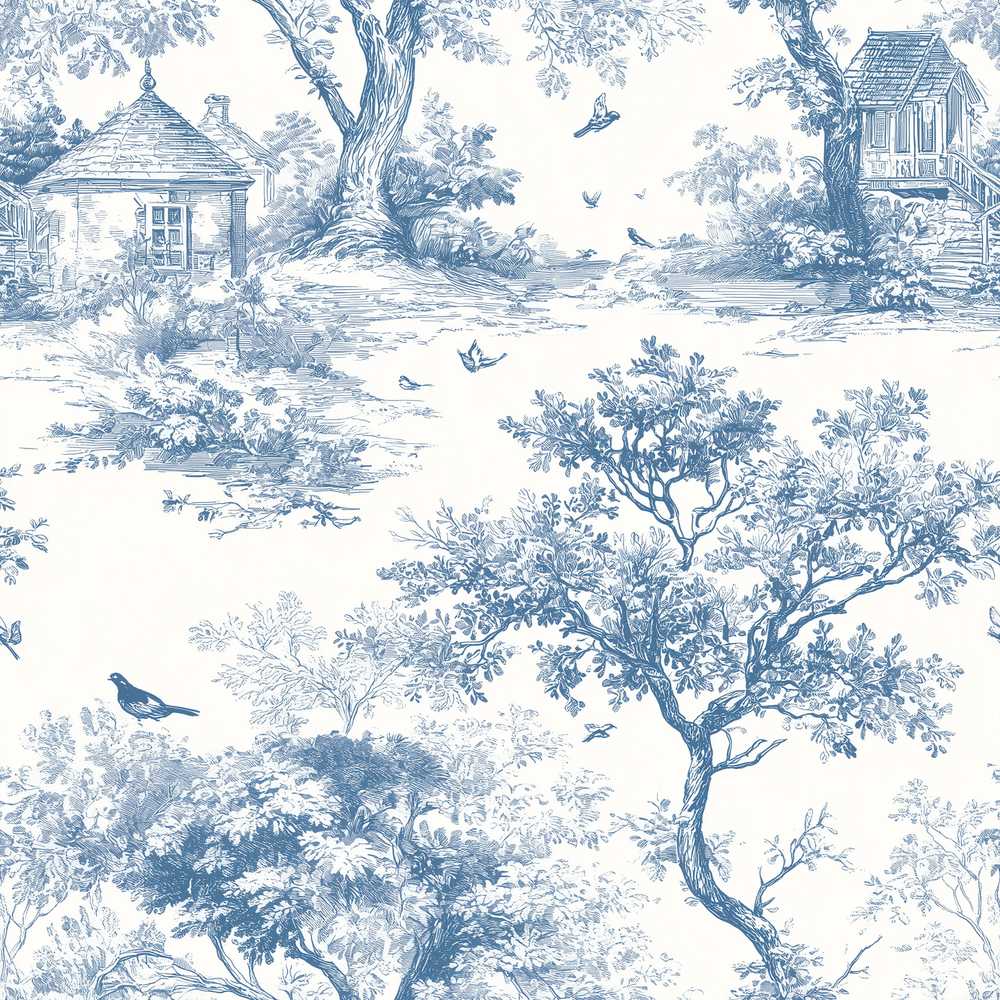 Vintage Toile Birds Nature Countryside Scene Blue White
