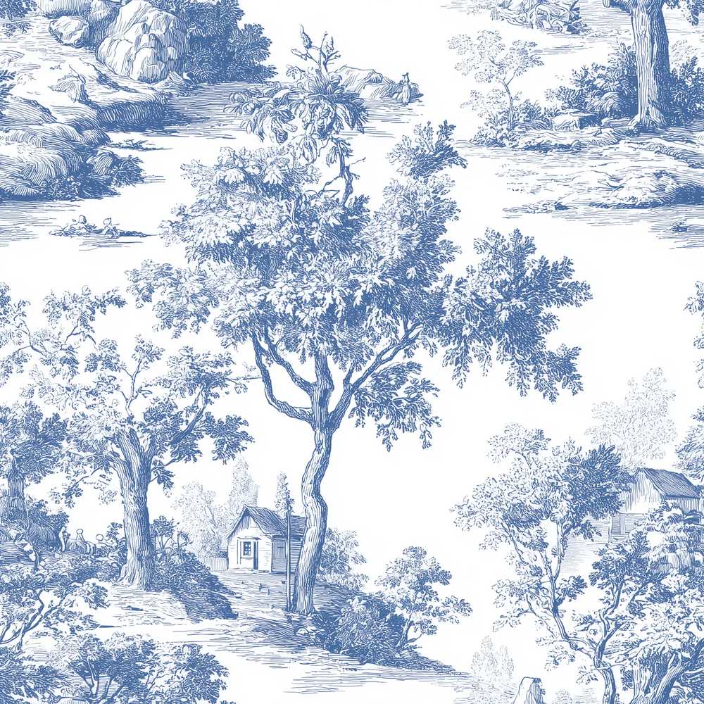 Vintage Toile Tree Botanical Landscape Scene Blue White Wildflower