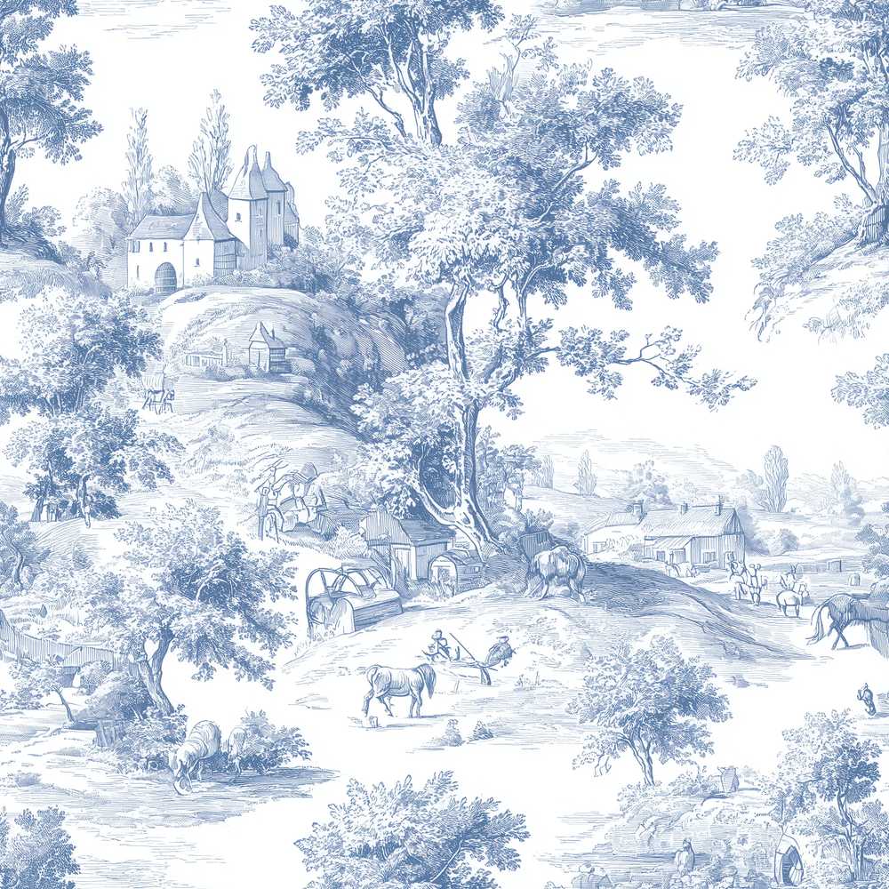 Vintage Toile Classic Rural Landscape Scene Blue White