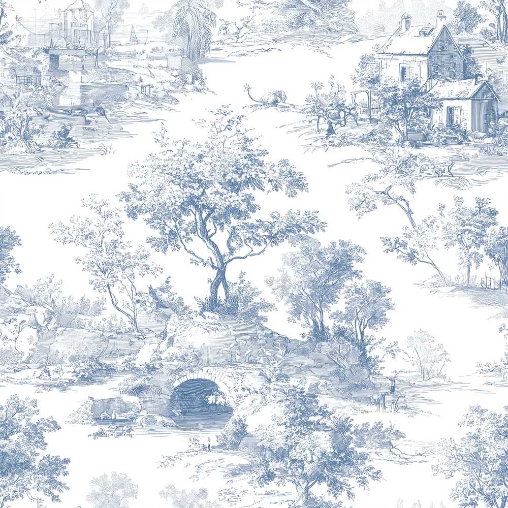 Vintage Toile Countryside Bridge River Scene Blue White