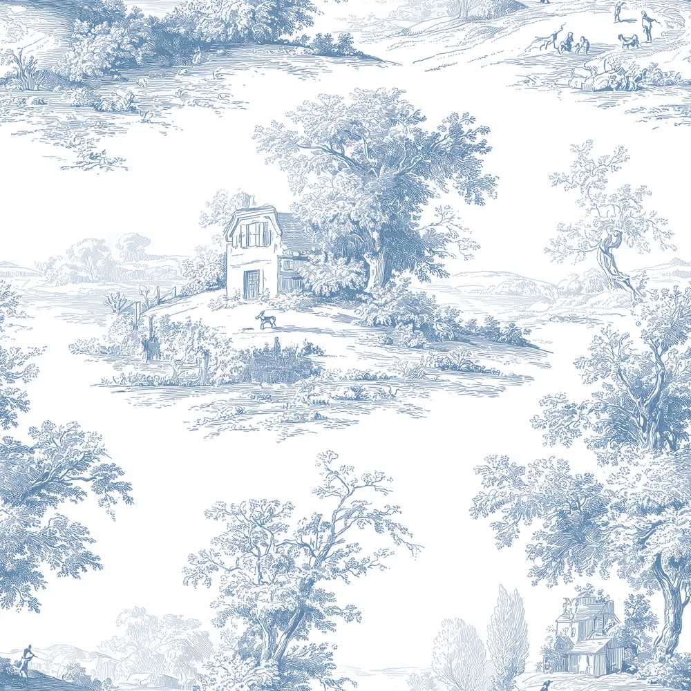 Vintage Toile Cottage River Landscape Scene Blue White
