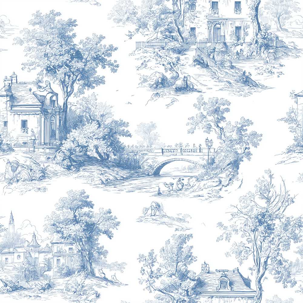 Vintage Toile Elegant Garden Bridge Scene Blue White