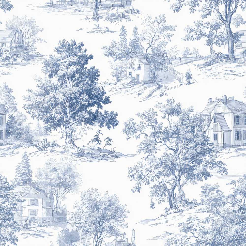 Vintage Toile Rustic Countryside Cottage Scene Blue White