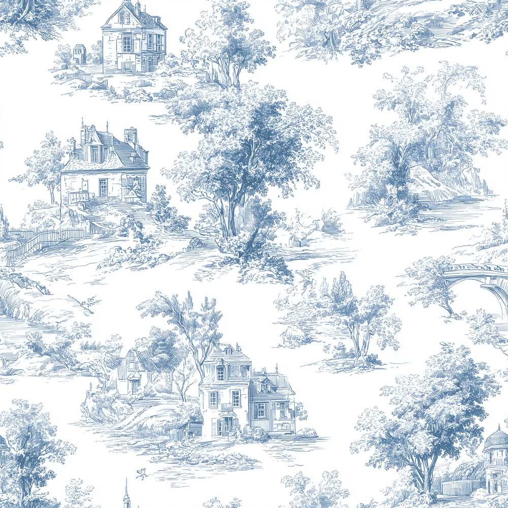 Vintage Toile Tree Nature Countryside Scene Blue White