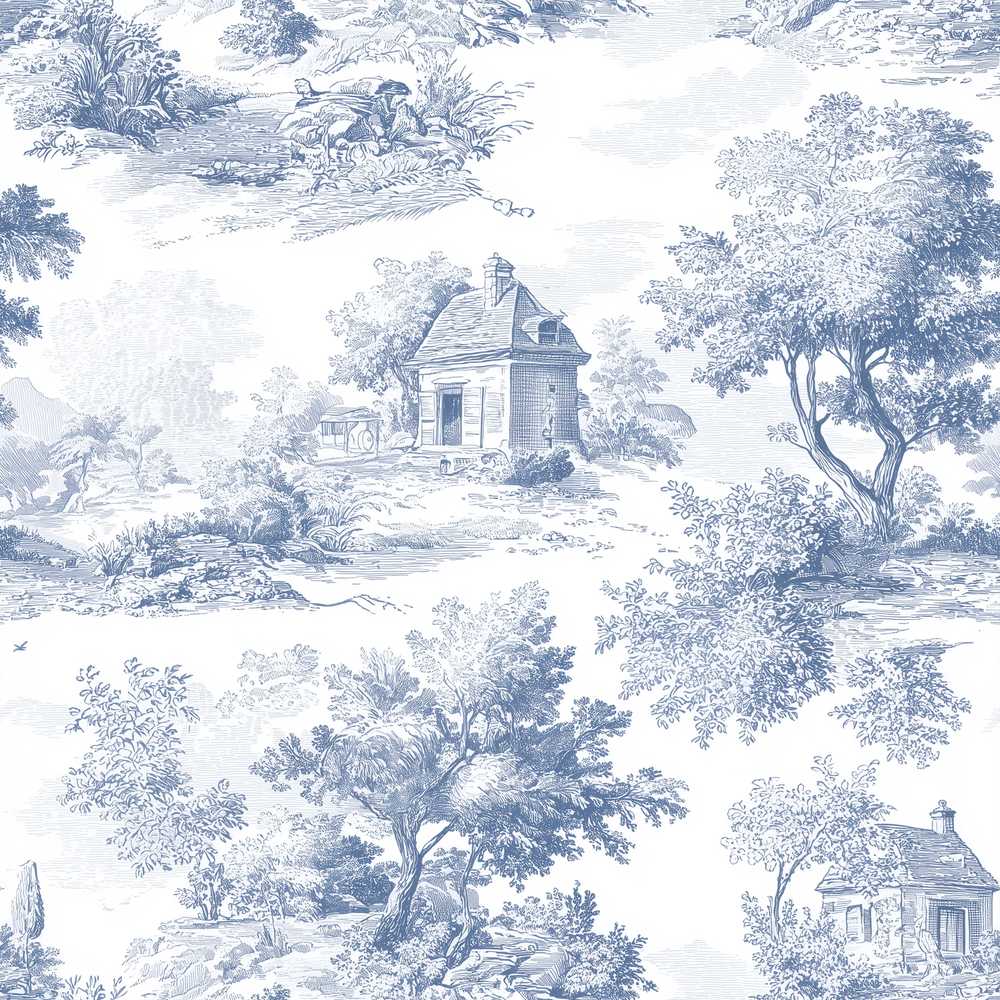 Vintage Toile Country House Landscape Scene Blue White