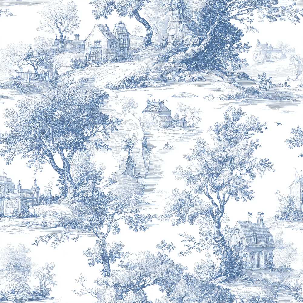 Vintage Toile Scenic Rural Village Landscape Blue White