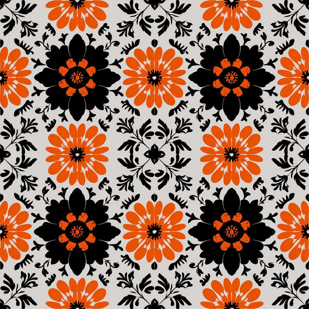Bold Orange Black Floral Folk Art Wildflower Pattern Botanical