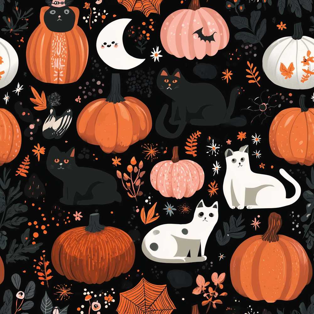 Cute Halloween Cats Pumpkins Moon Night Spooky Seasonal