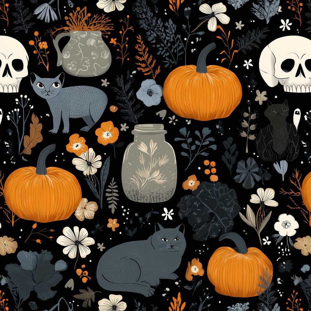 Autumn Pumpkin Cat Botanical Dark Wildflower Pattern