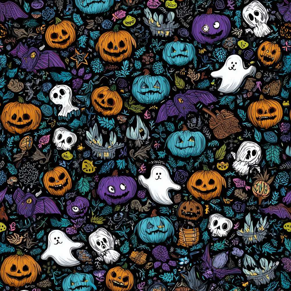 Spooky Halloween Pumpkins Ghosts Leaves Wildflower Pattern Botanical