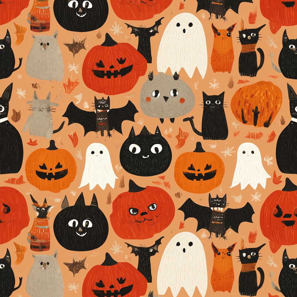 Cute Halloween Cats Bats Pumpkins Spooky Seasonal Pattern