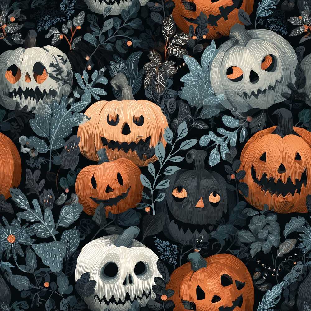 Halloween Pumpkin Botanical Dark Leaves Wildflower Pattern