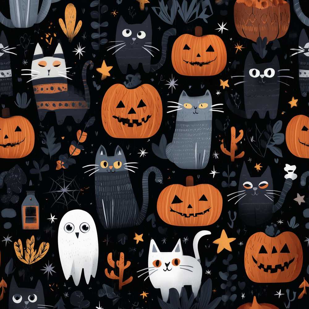 Cute Halloween Cats and Pumpkins Night Spooky Seasonal