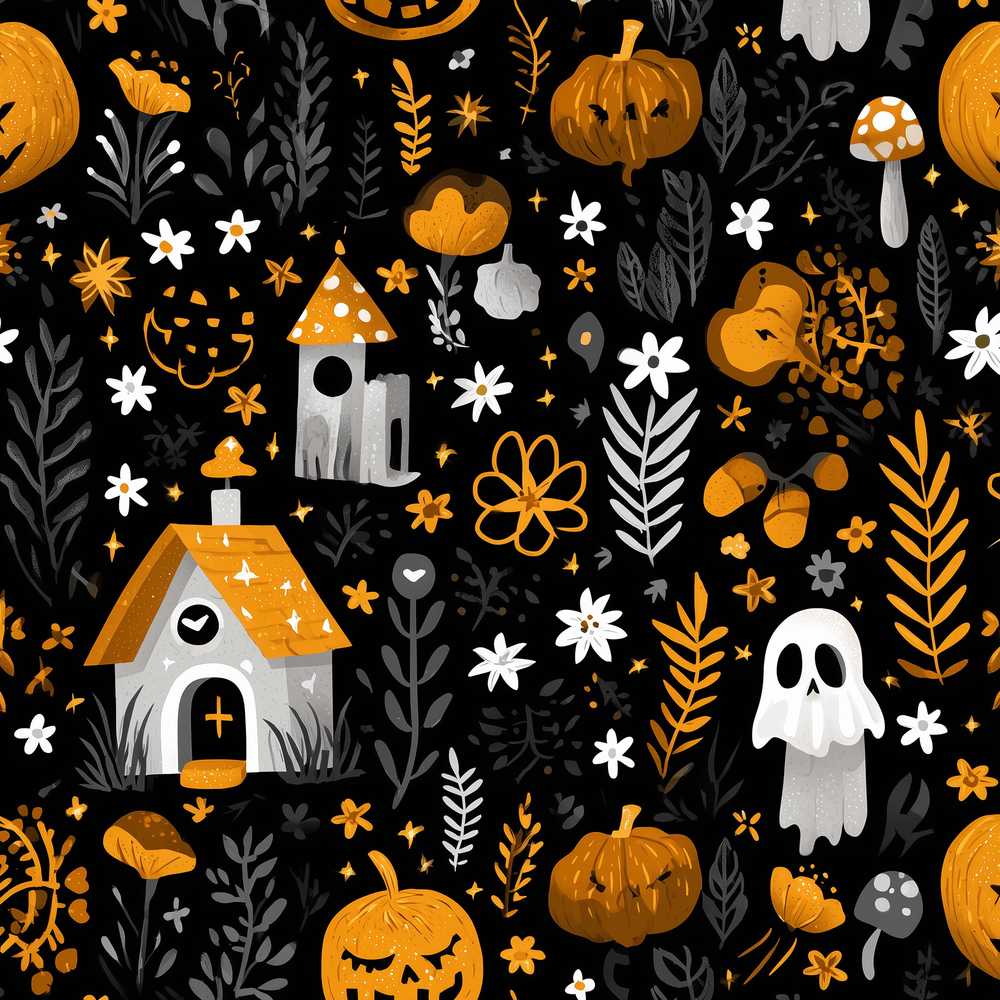 Halloween Cute Ghost House Floral Night Wildflower Pattern Botanical
