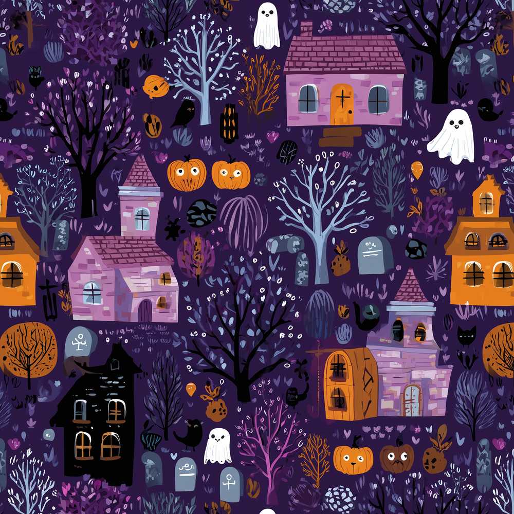 Haunted Village Purple Night Halloween Spooky Seasonal Pattern