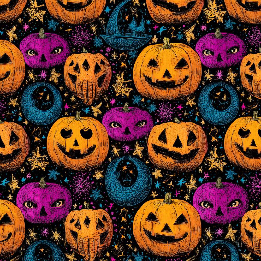 Colorful Halloween Pumpkins Stars Spooky Seasonal Pattern Design