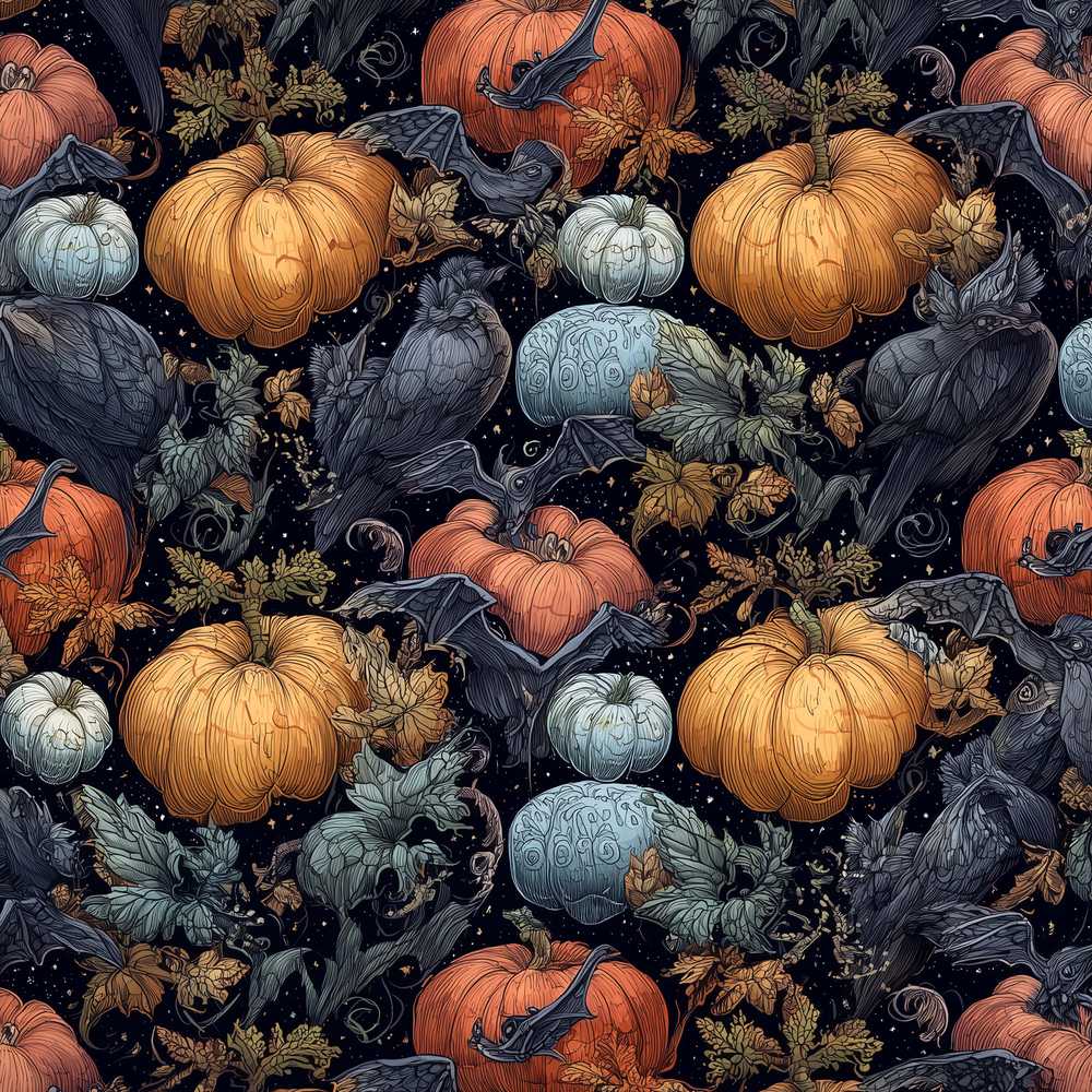 Vintage Pumpkin Bats Botanical Night Wildflower Pattern