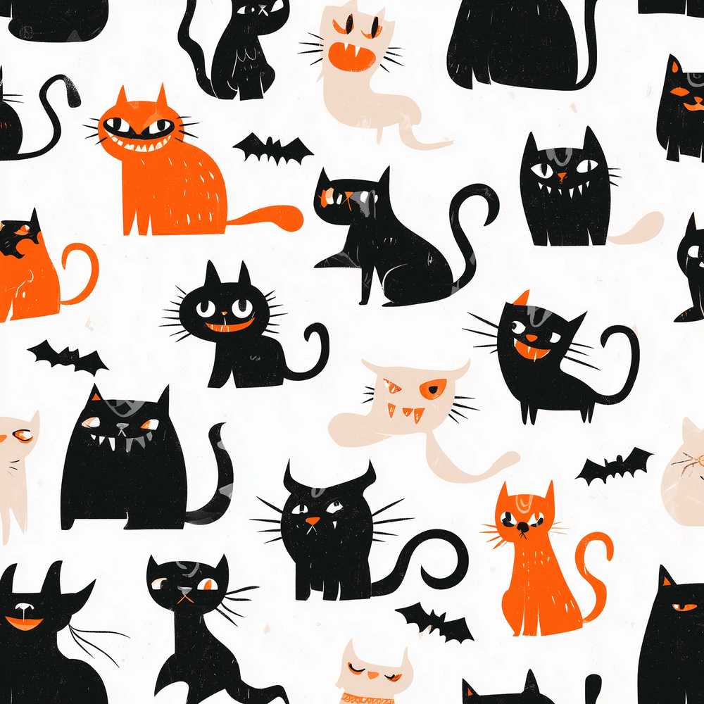 Cute Halloween Black Cats Orange Accents Spooky Seasonal