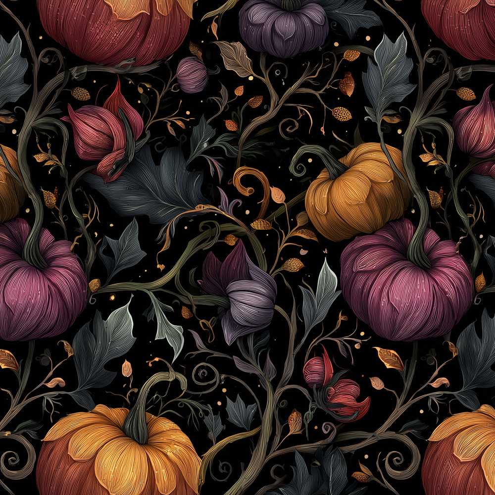 Elegant Autumn Pumpkin Floral Dark Wildflower Pattern Botanical