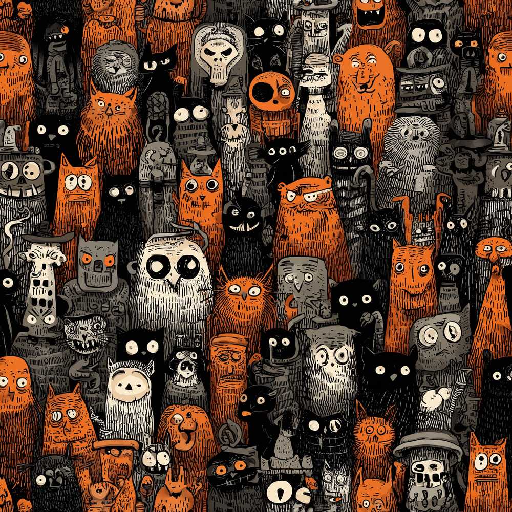Halloween Folk Art Animal Crowd Spooky Seasonal Pattern