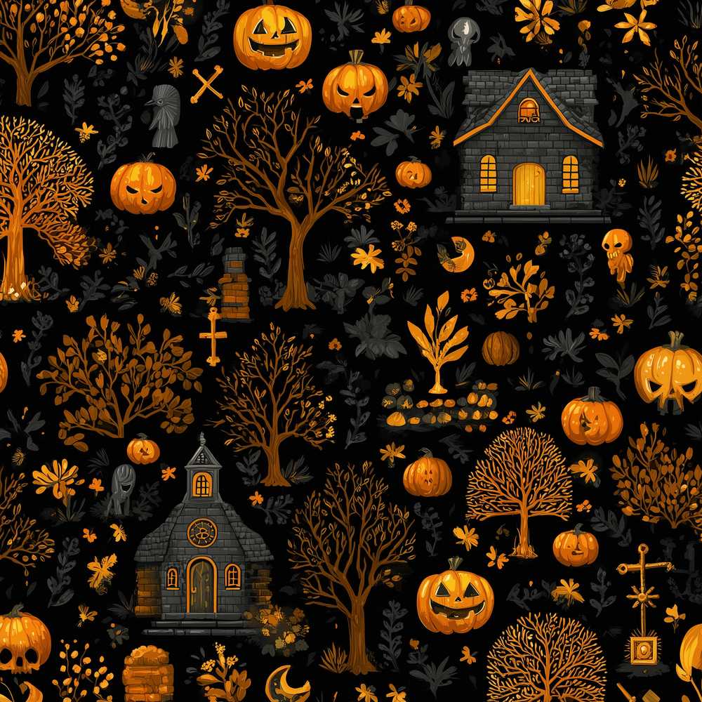 Haunted House Pumpkin Autumn Night Spooky Seasonal Pattern