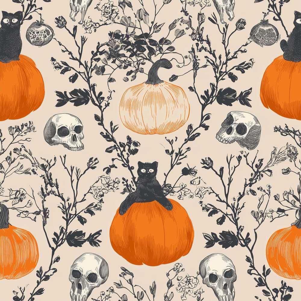 Vintage Pumpkin Skull Botanical Cream Wildflower Pattern