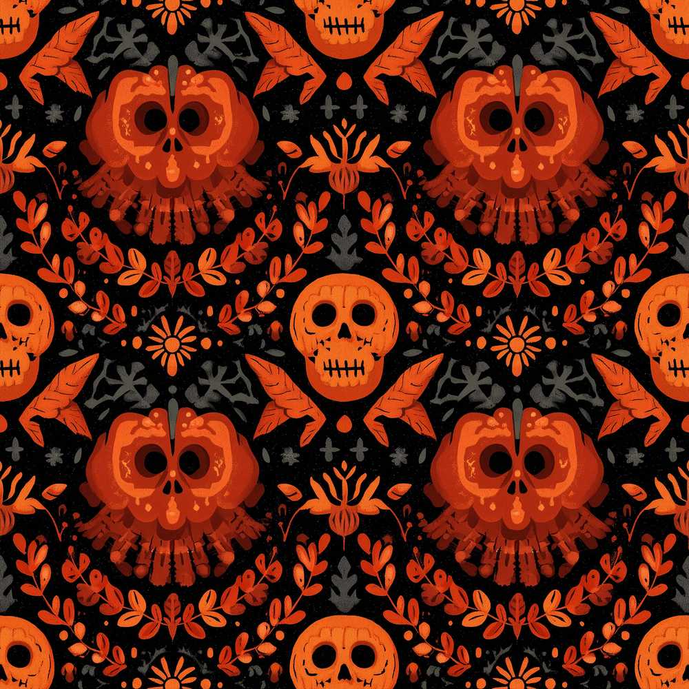 Halloween Skull Floral Orange Gothic Wildflower Pattern Botanical