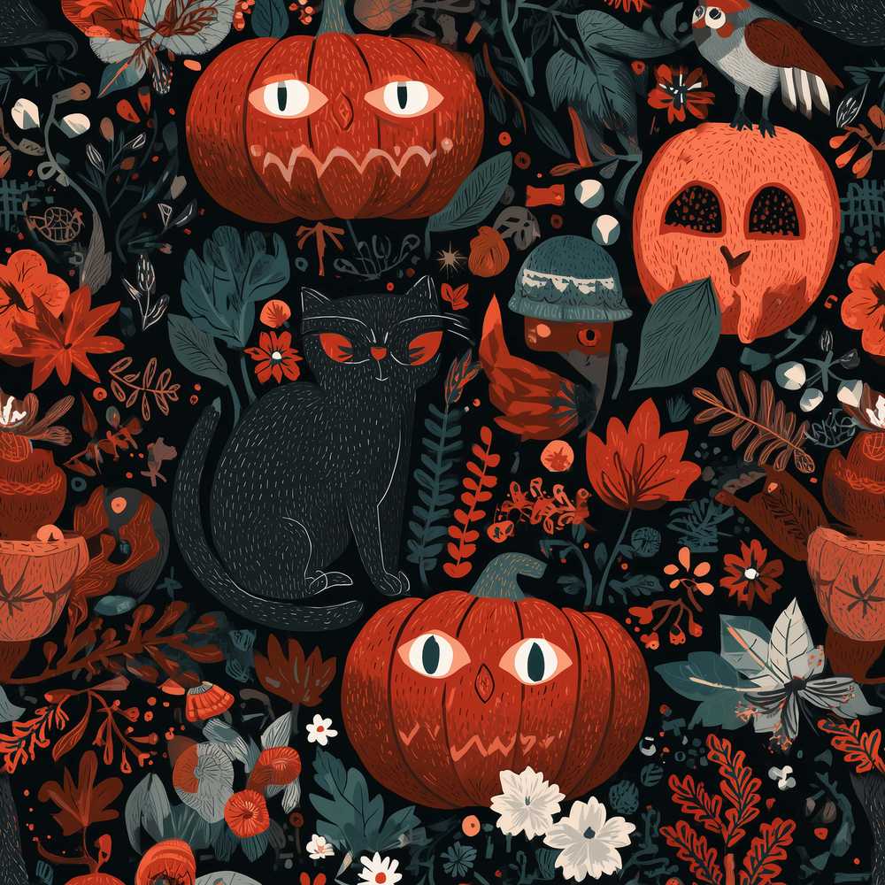 Halloween Black Cat Pumpkin Autumn Leaves Wildflower Pattern Botanical