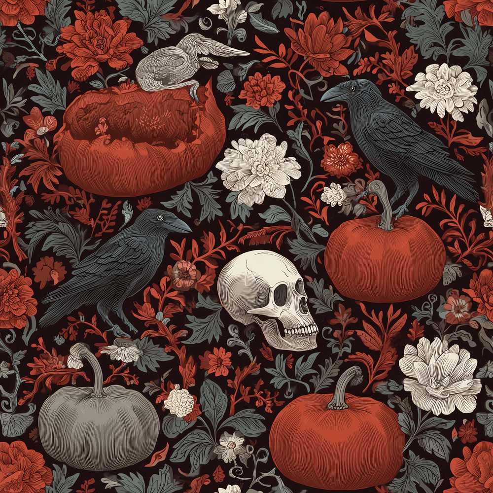 Gothic Raven Skull Pumpkin Floral Dark Wildflower Pattern Botanical