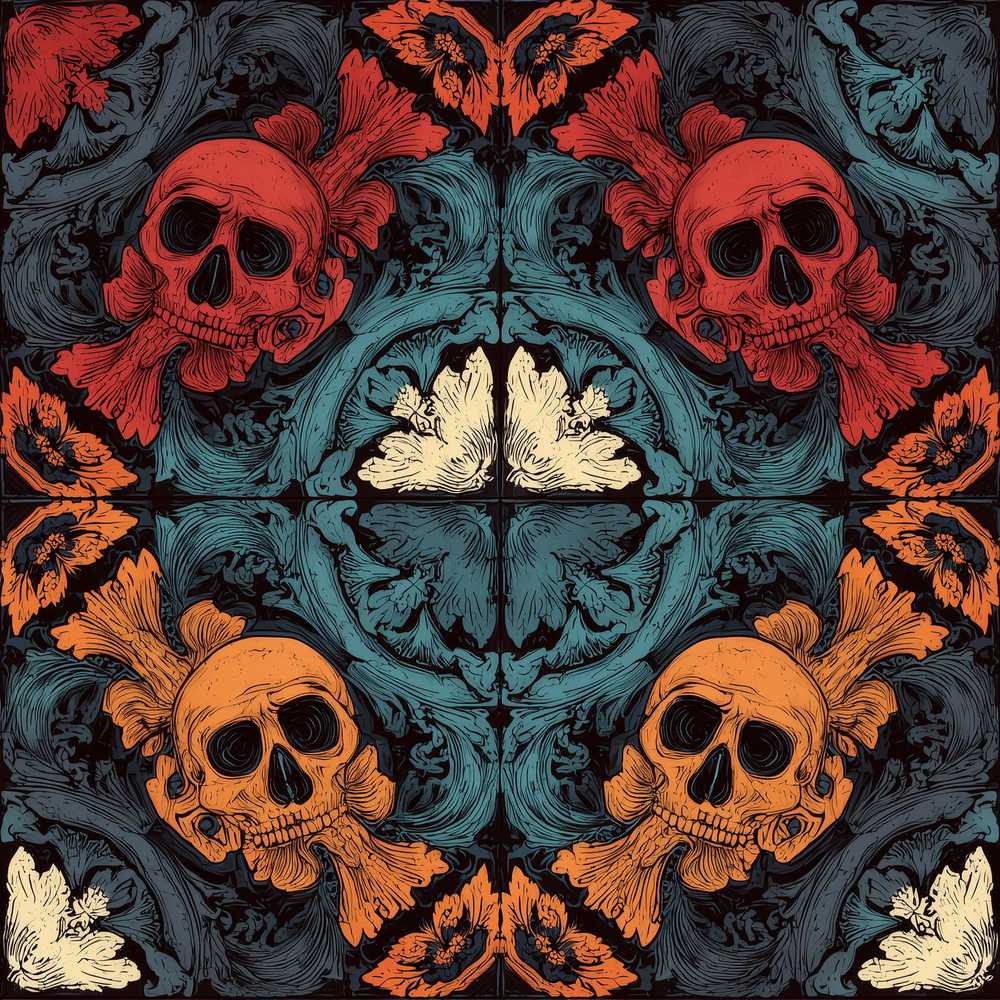 Ornate Skull Floral Symmetry Dark Gothic Wildflower Pattern Botanical