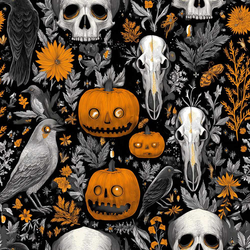 Halloween Skull Raven Botanical Black Orange Wildflower Pattern