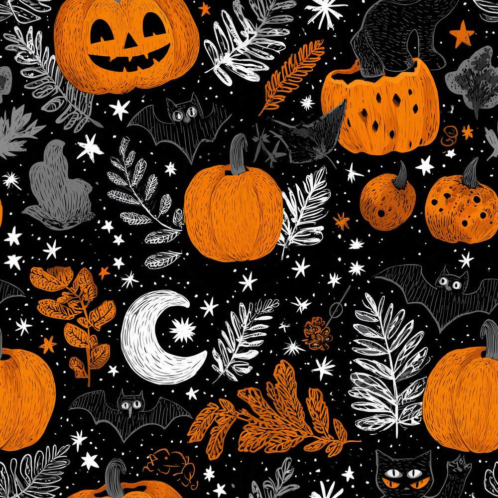 Spooky Pumpkin Cat Bat Night Sky Seasonal Pattern