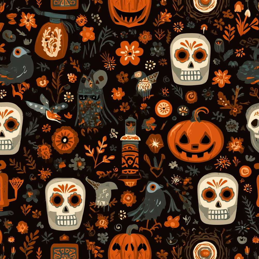 Folk Art Skull Pumpkin Floral Halloween Wildflower Pattern Botanical