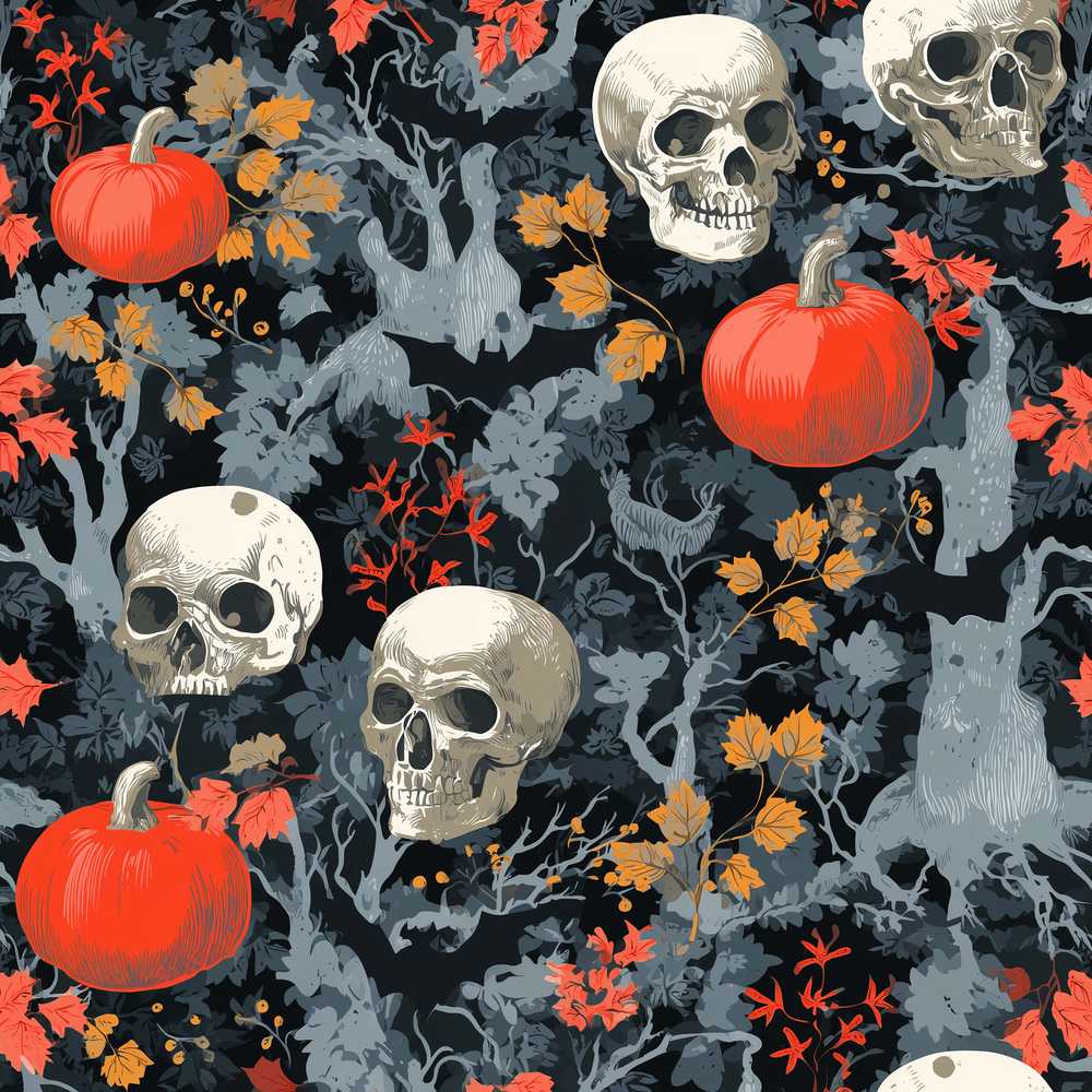 Dark Forest Skull Pumpkin Autumn Leaves Wildflower Pattern Botanical