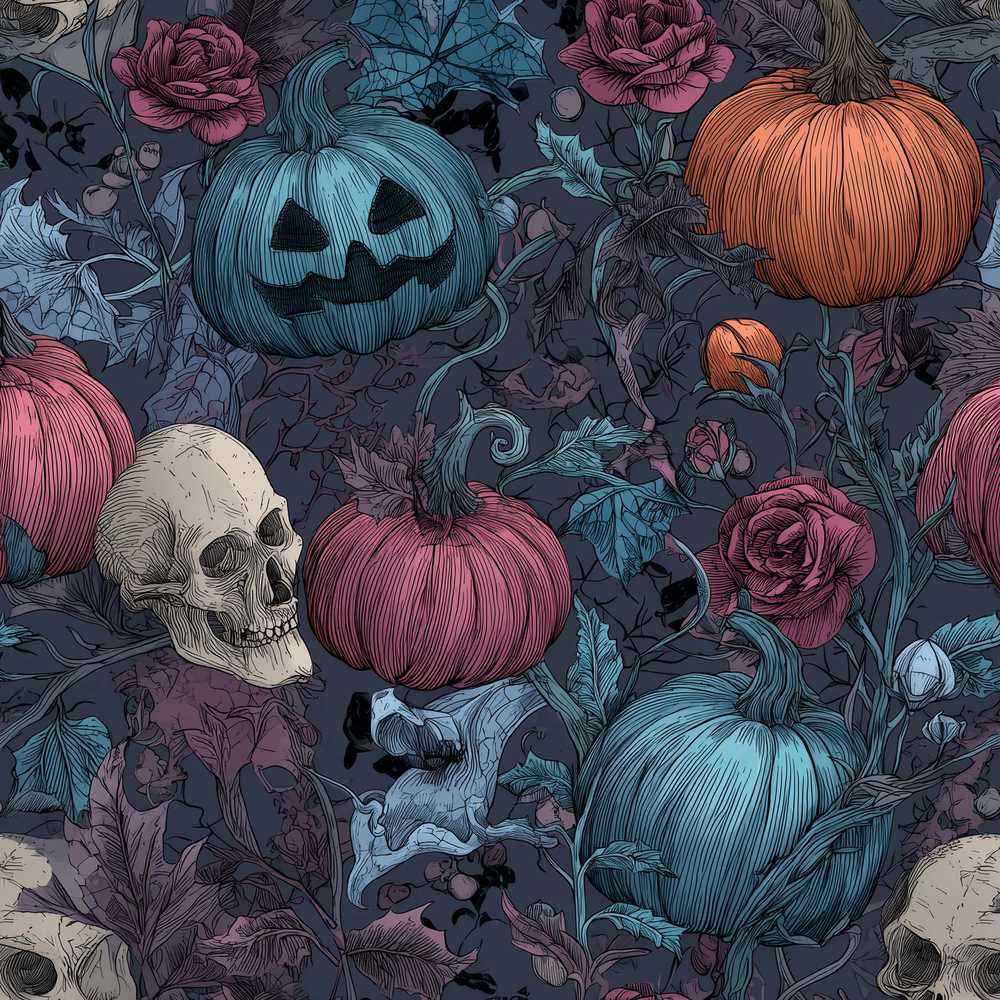 Dark Gothic Pumpkin Skull Floral Vintage Wildflower Pattern Botanical