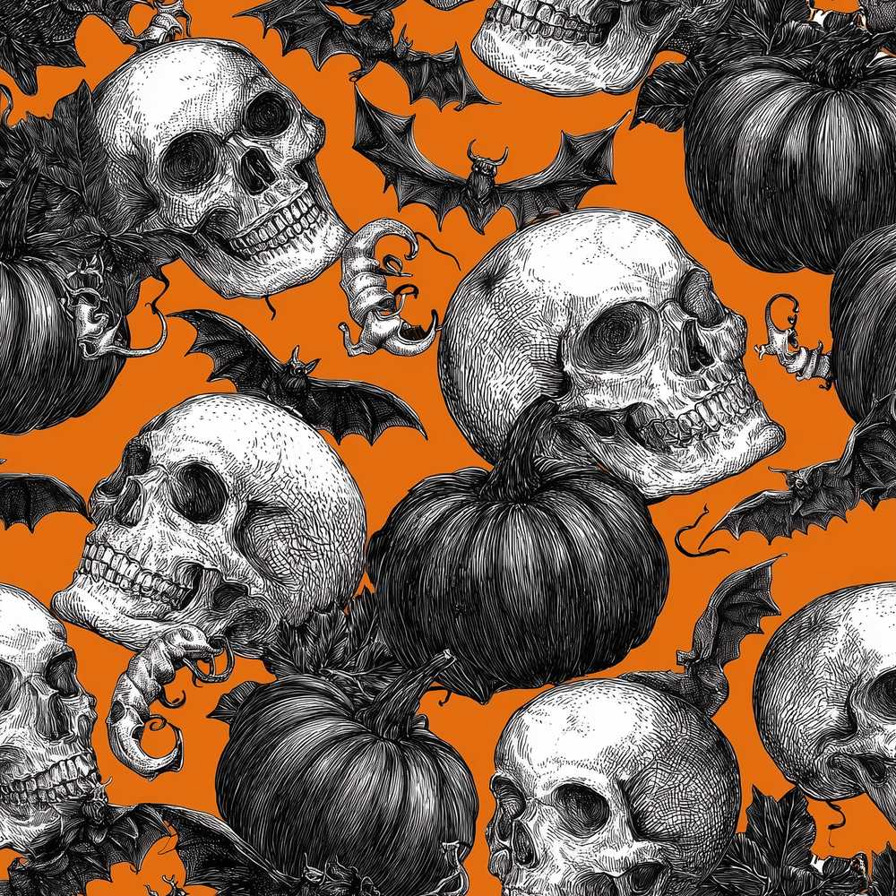 Halloween Skull Bat Pumpkin Orange Background Spooky Seasonal
