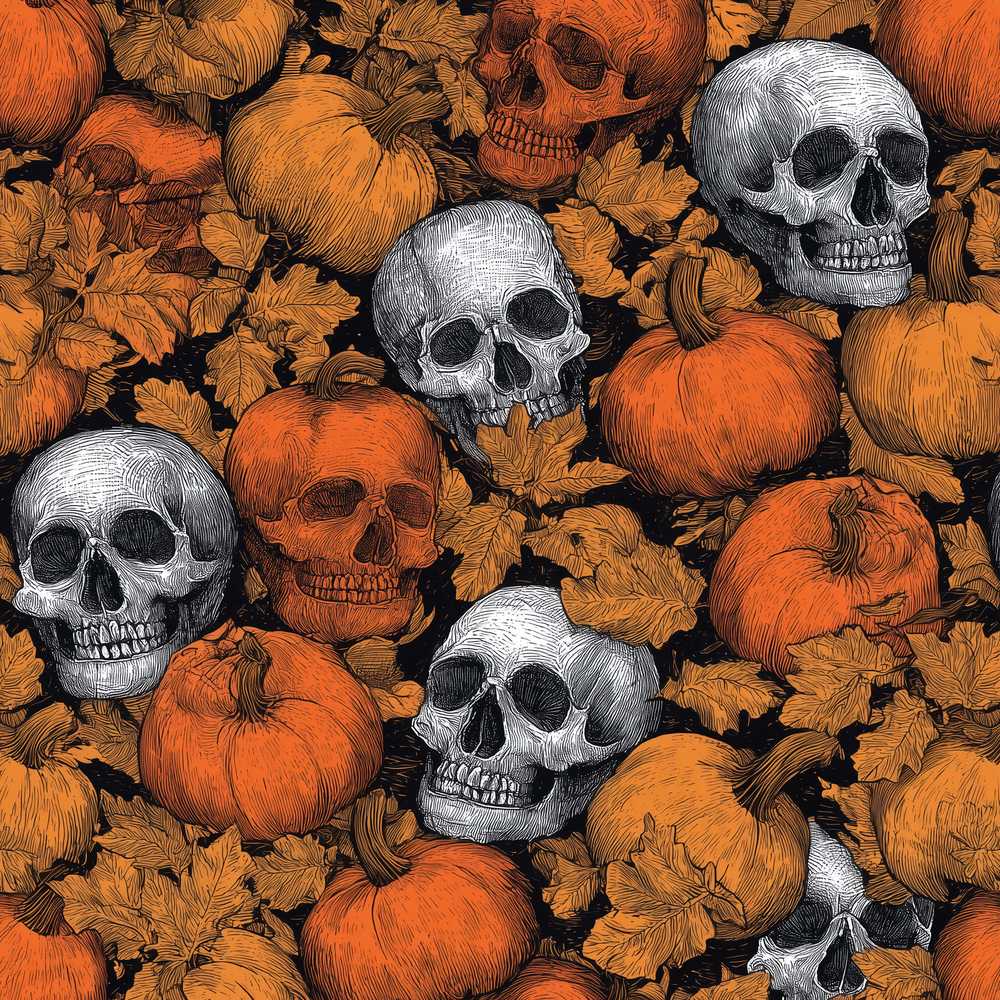 Autumn Skull Pumpkin Leaves Vintage Engraving Wildflower Pattern Botanical
