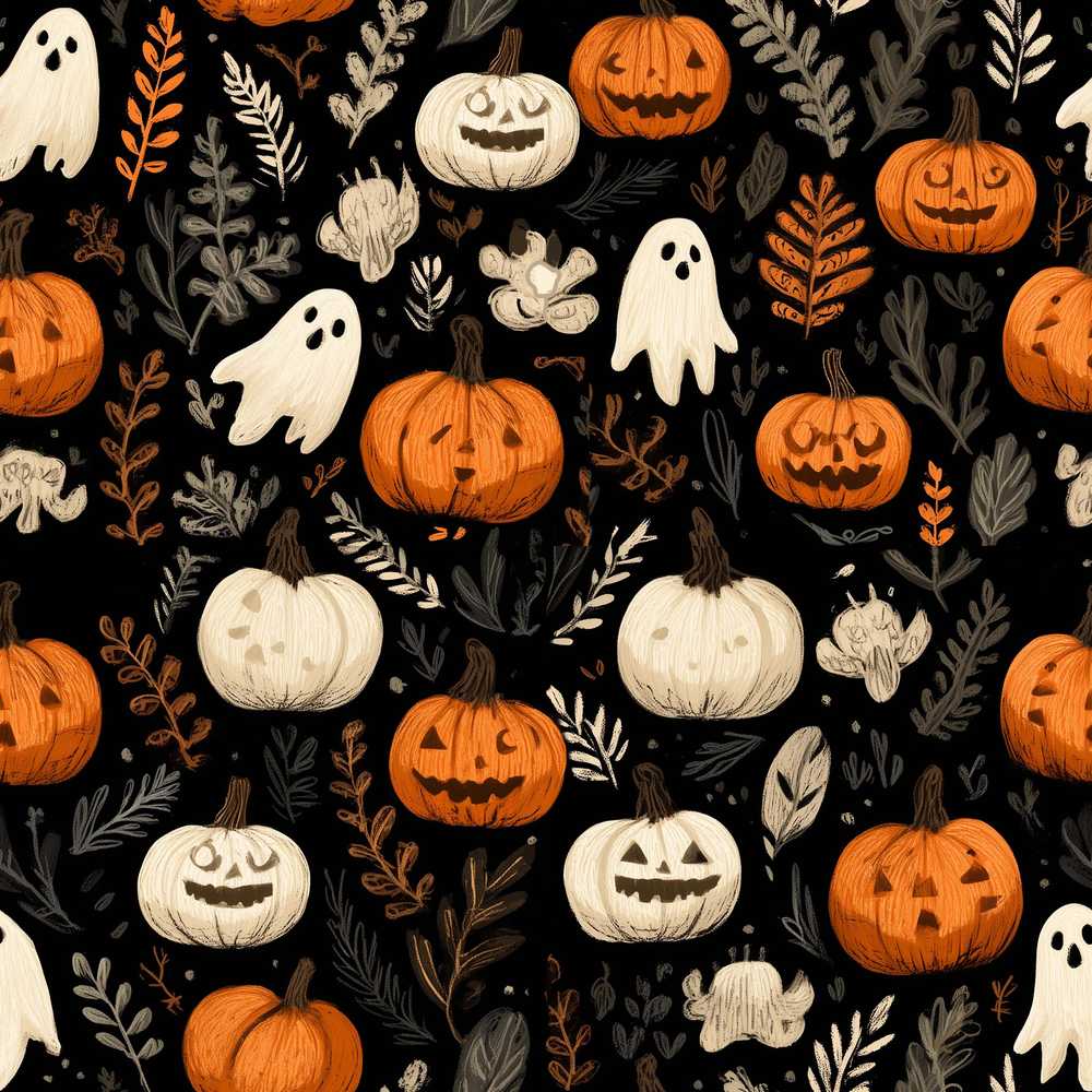 Cute Halloween Ghost Pumpkin Autumn Leaves Wildflower Pattern Botanical