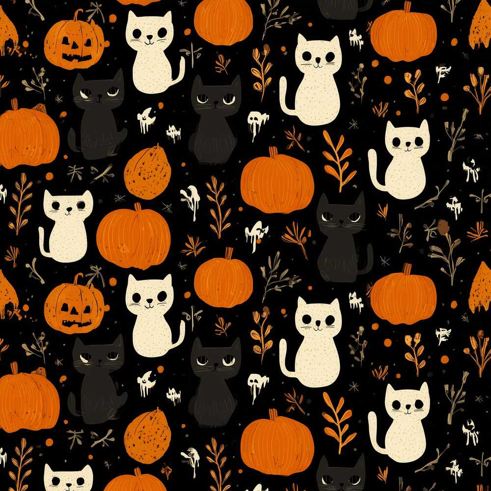 Cute Halloween Cats Pumpkins Ghosts Spooky Seasonal Pattern