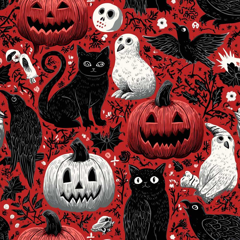 Halloween Cat Owl Pumpkin Red Background Spooky Seasonal