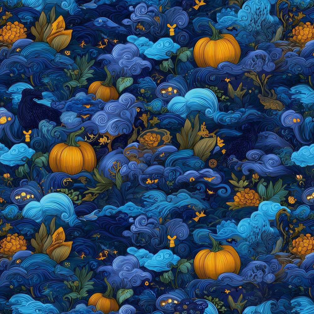 Abstract Blue Pumpkin Fantasy Landscape Spooky Seasonal Pattern