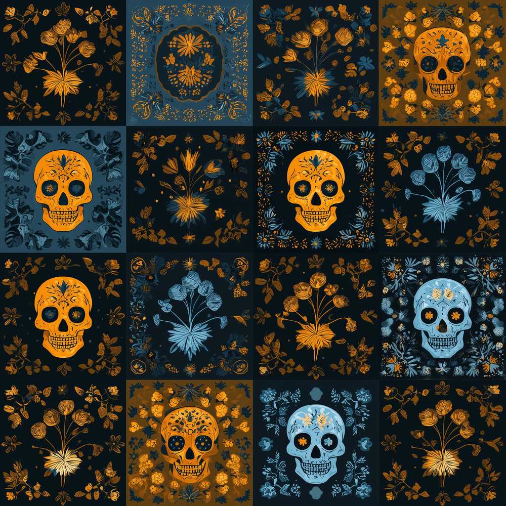 Vintage Skull Floral Patchwork Wildflower Pattern Botanical