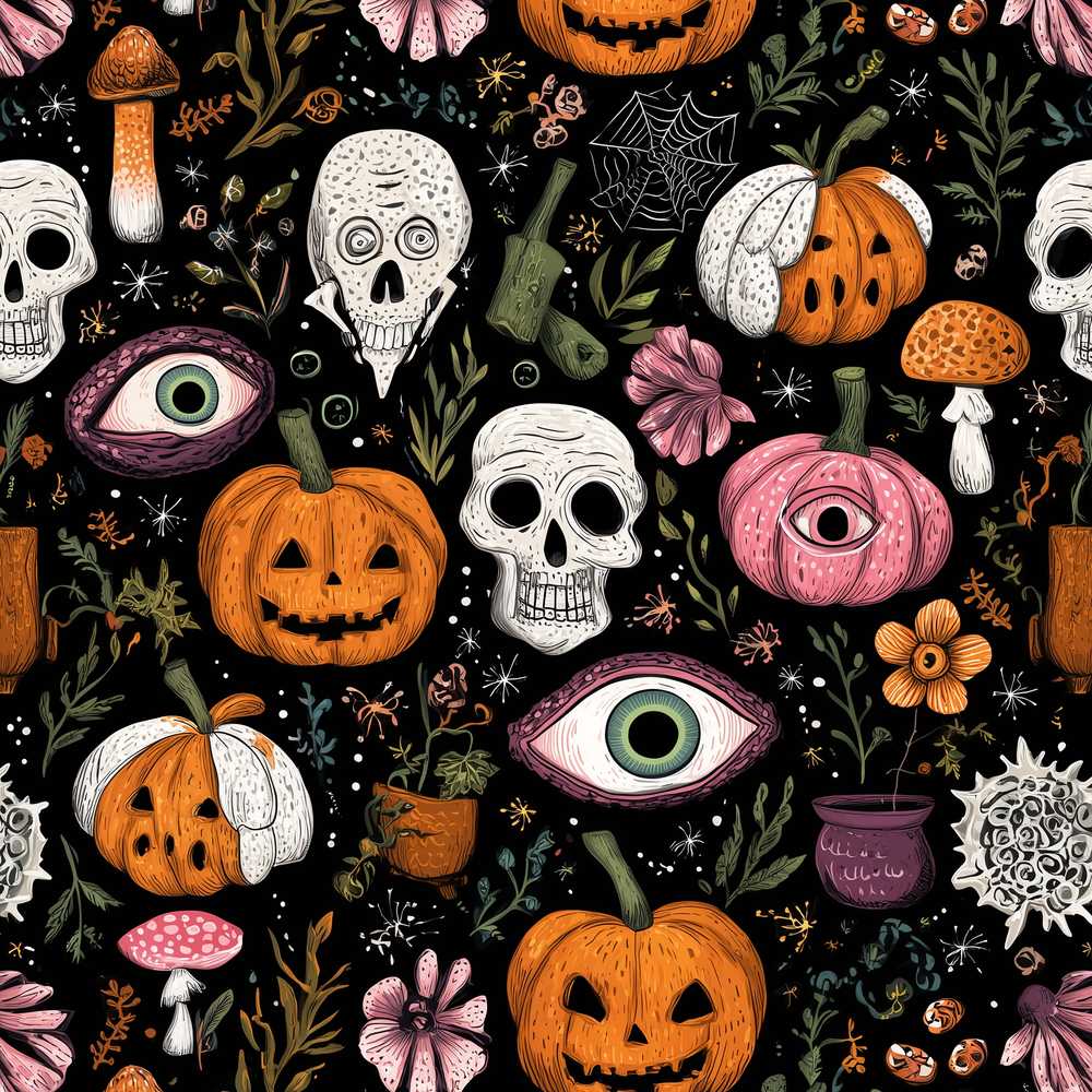 Spooky Skull Eye Pumpkin Witchcraft Seasonal Pattern Design