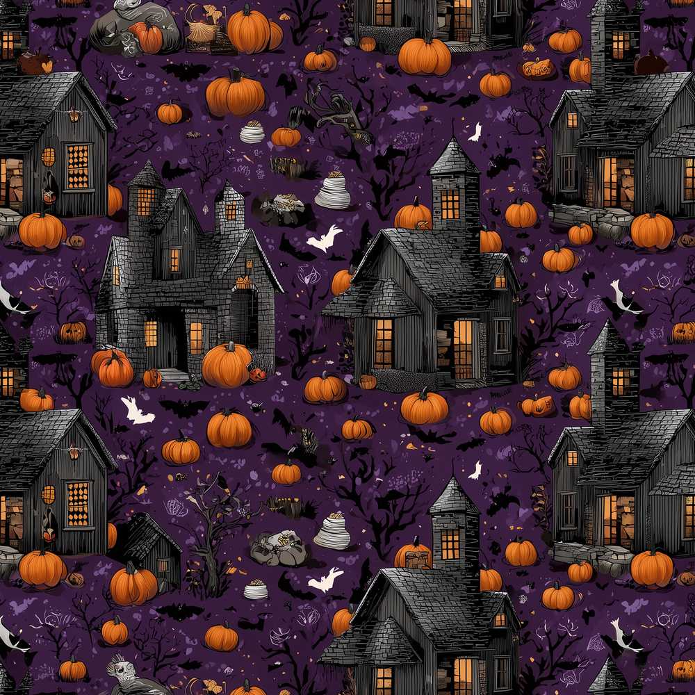 Spooky Haunted Houses Pumpkins Bats Night Seasonal Pattern