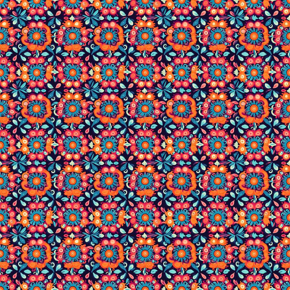 Bold Folk Floral Night Garden Bright Blossoms Wildflower Pattern