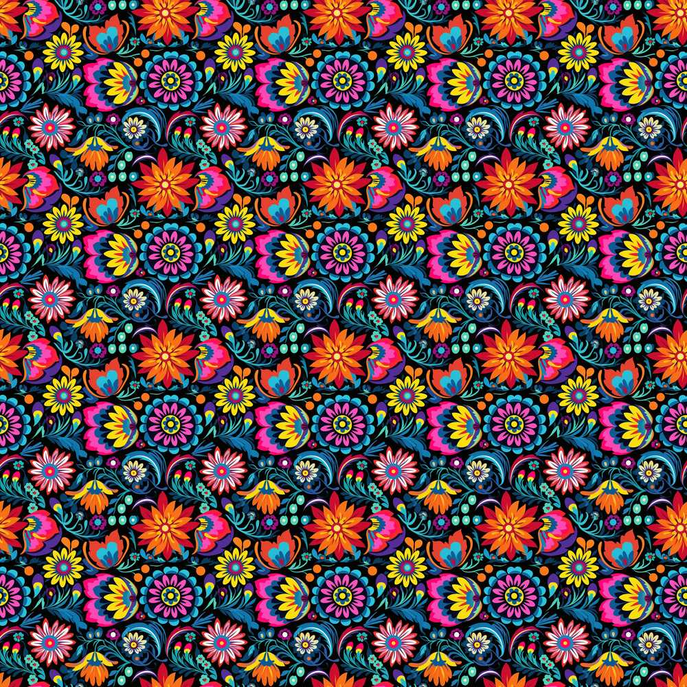 Bright Neon Folk Floral Black Background Wildflower Pattern Botanical