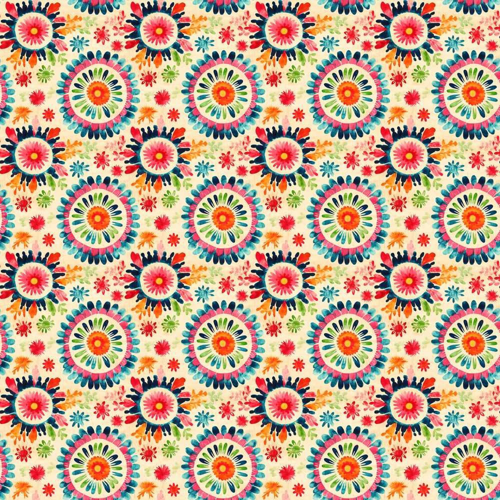 Bright Folk Art Floral Burst Circle Wildflower Pattern Botanical