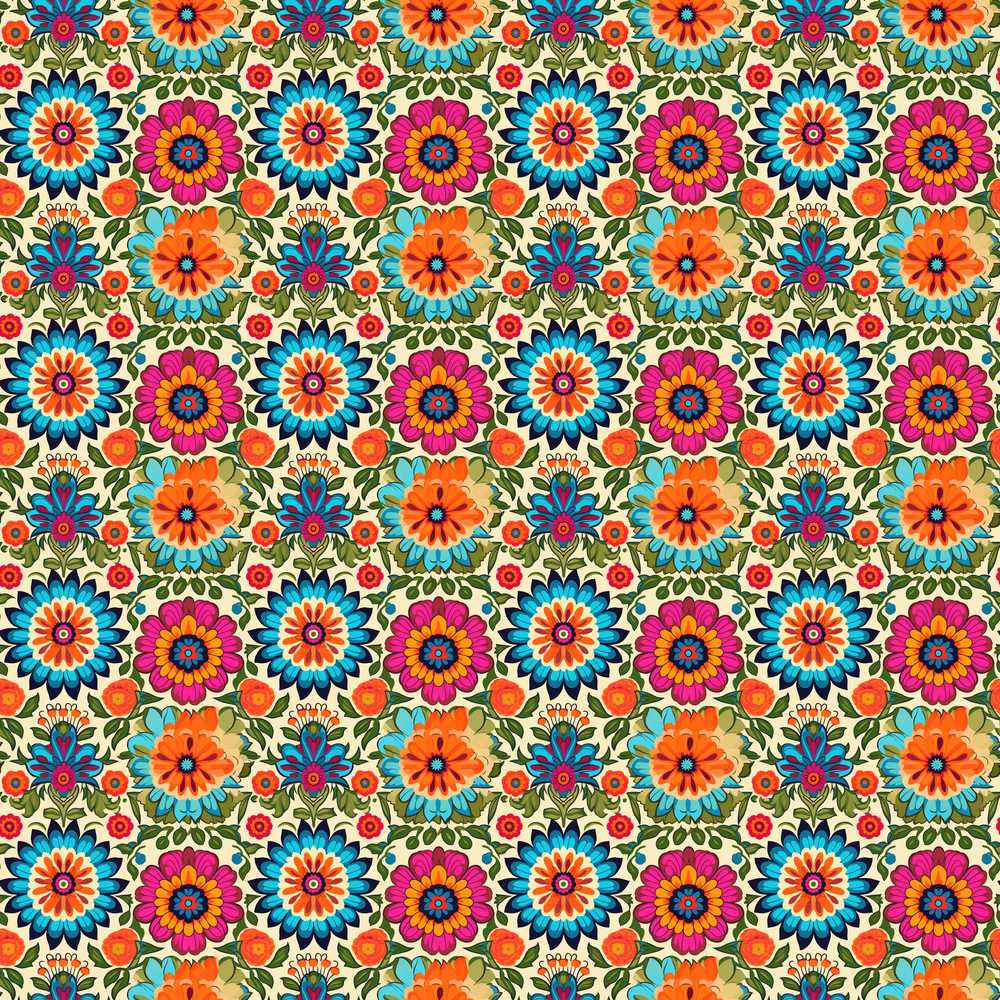 Vibrant Folk Floral Bouquet Garden Style Wildflower Pattern Botanical