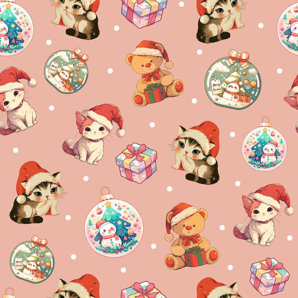 Cute Christmas Cats Teddy Pink Background Festive Holiday